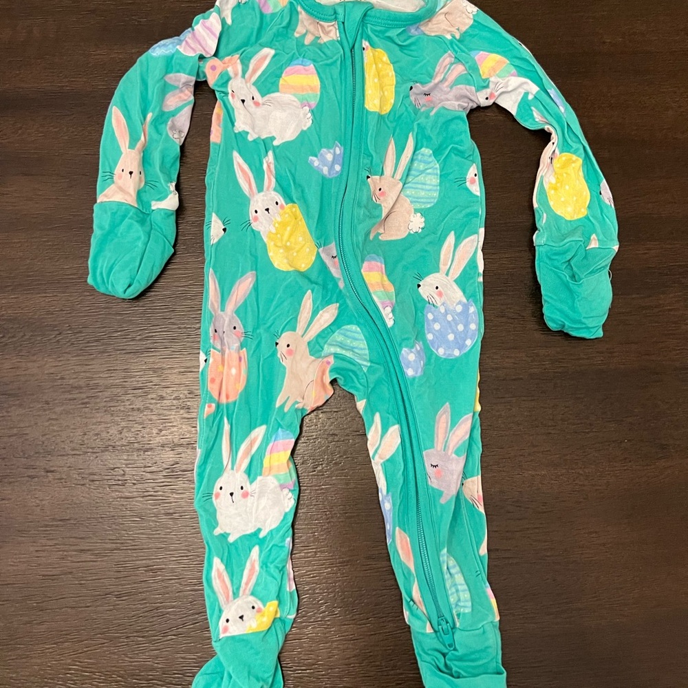 Teal Bunny & Easter Egg Print- bamboo little sleepies 0-3